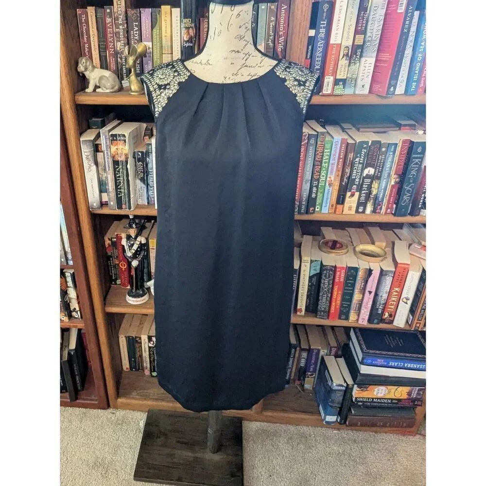Tory Burch Dress 6 Navy Blue Silver Embellished Chiffon Mini Pleated Women’s